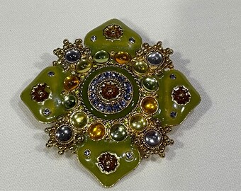 Gold Tone Enamel Green Brooch with Gold and Green Rhinestones