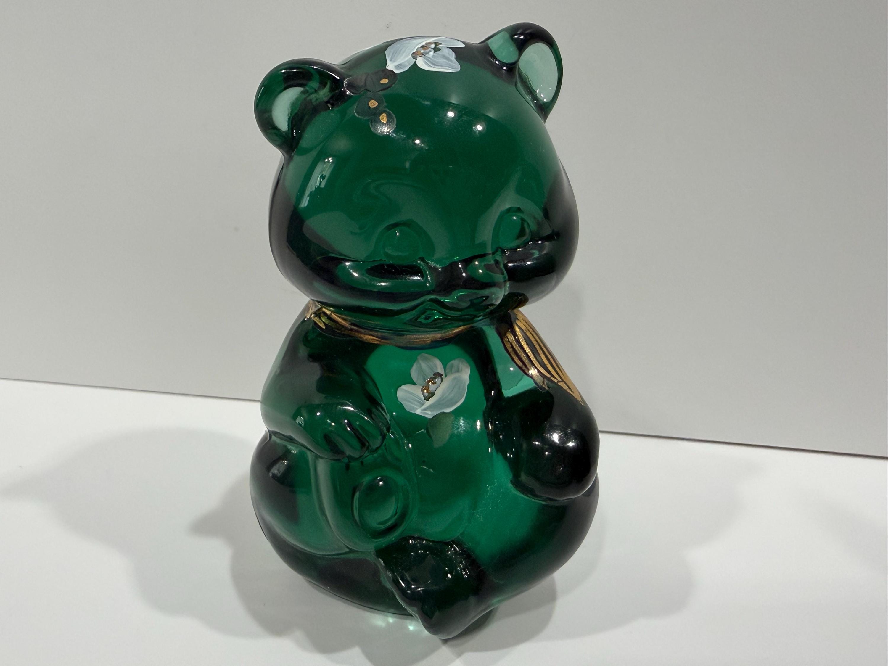 Fenton, Green Glass Sitting Bear, White Hand Painted Flowers