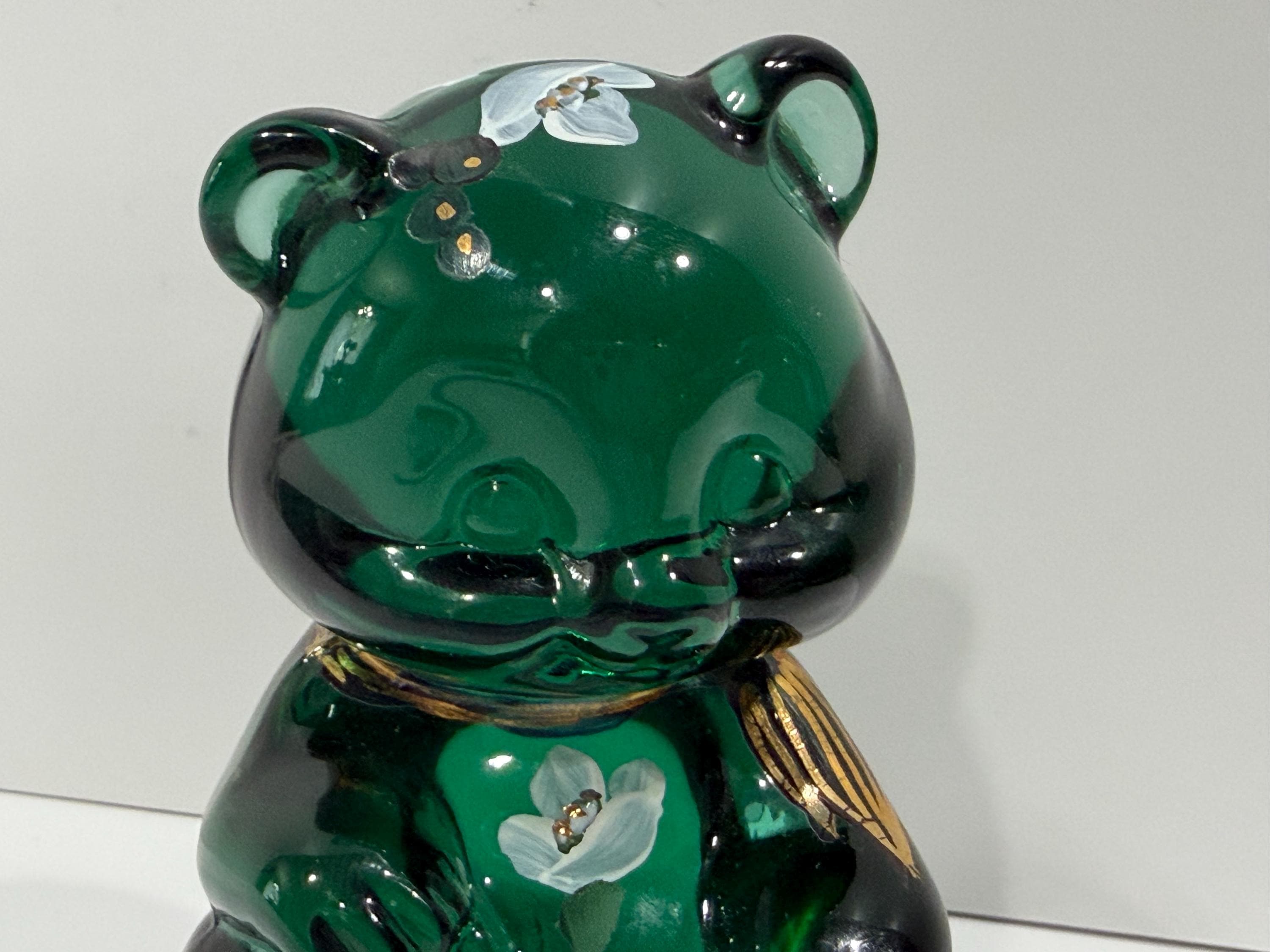 Fenton, Green Glass Sitting Bear, White Hand Painted Flowers