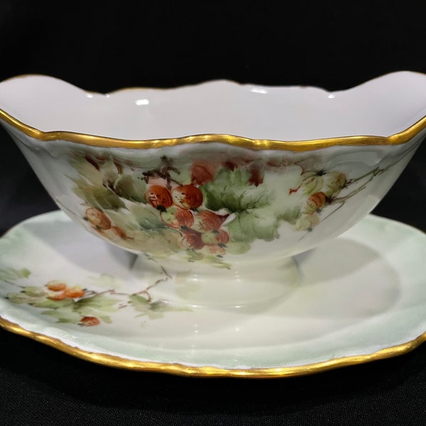 Bareuther Waldsassen Hand Painted Floral Porcelain Gravy Boat with Attached Underplate