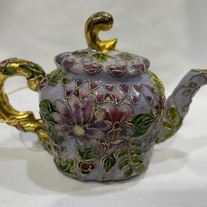 Cloisonné Enameled Christmas Ornament, Purple Teapot with Purple Flowers and Green Leaves, Teapot Ornament, Cloisonne Teapot