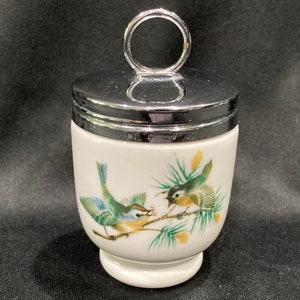 Royal Worchester Birds on White Egg Coddler, Coddler with Wren metal lid