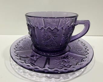 Amethyst Purple Pressed Glass Cup and Saucer