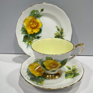 Royal Standard, Henry Wheatcraft Rose, Yellow Rose Teacup, Saucer and Cake Plate Set, Yellow Interior Teacup, Prelude Rose Trio