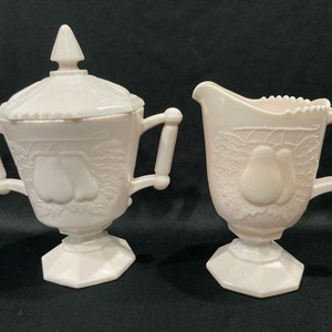 Jeannette Glass Co, Pink Milk Glass Pedestal Creamer and Sugar w/lid, Baltimore pear