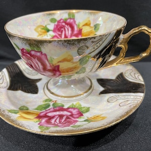 Sterling China, Pink and Yellow Roses on Pedestal Lusterware Teacup, Made in Japan, Floral Porcelain Teacup Set with Purple and Gold Accents