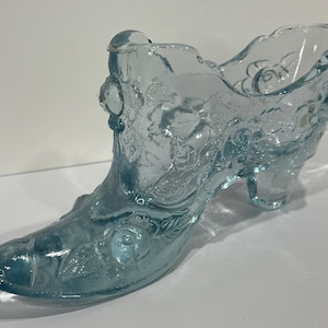 Fenton Light Blue Cabbage Rose Slipper, Blue Princess Slipper, Embossed Rose Glass Shoe
