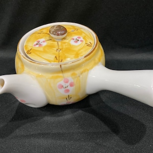Asian Teapot, Individual Size Teapot Yellow TeaPot with pink Flowers, teapot with offset Handle