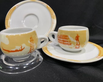 Levtov China, Espresso Coffee Cup and Saucer, Scenes of Rome, David, Tower of Pisa, Gondola and The Coliseum - Set of 2