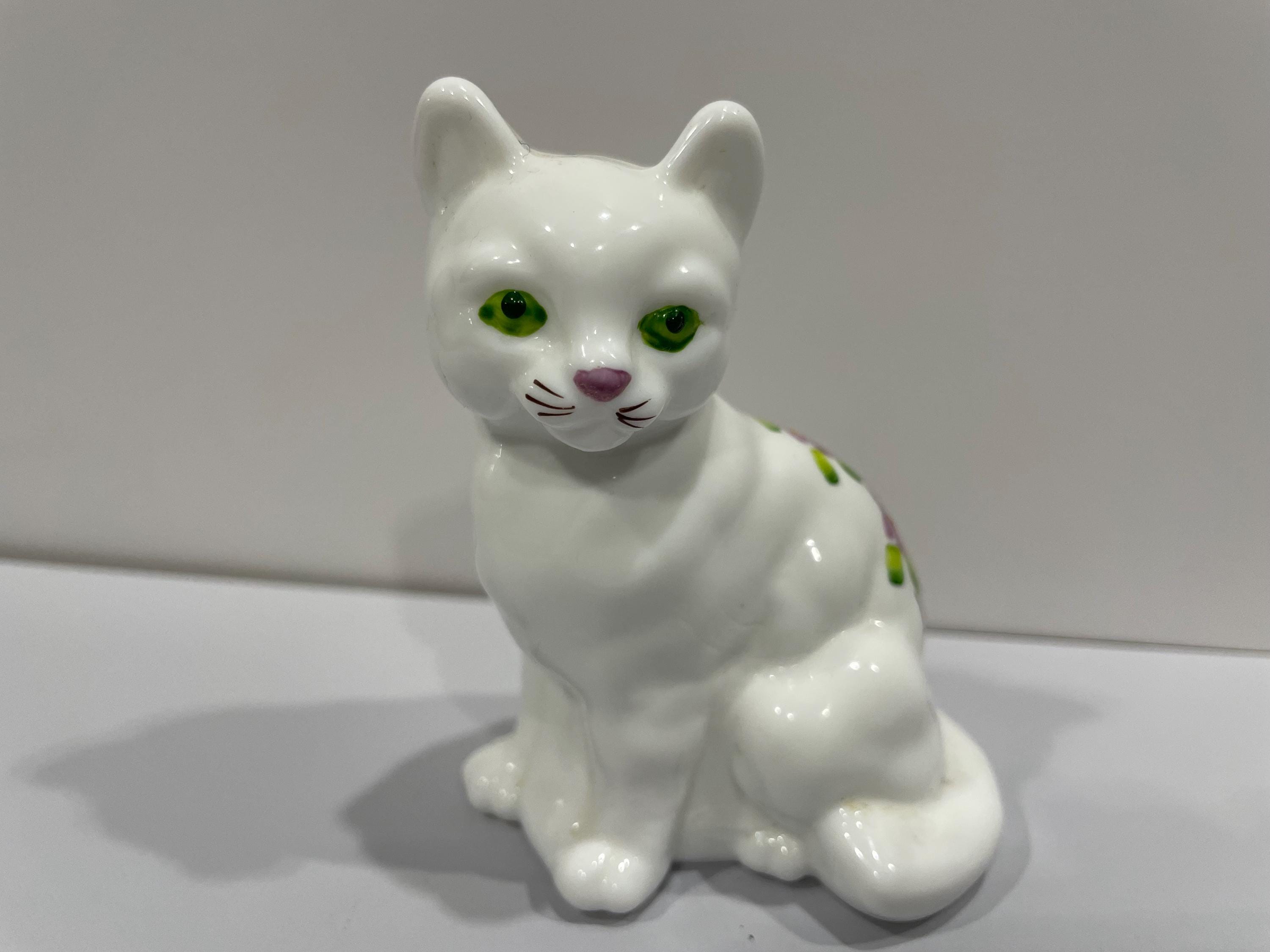 Vintage Fenton Milk Glass Cat Figurine, White With Purple Flowers