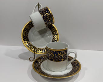 Bohemia China, Cobalt and Gold Band Espresso Cup and Saucers - 2 Sets