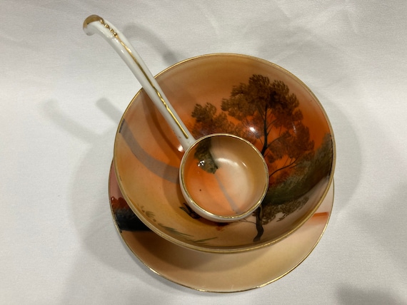 Noritake Made in Japan Tree in the Meadow Plate and Ladle Three Piece Whipped Cream Set Morimura China Footed Bowl