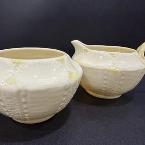 Vintage Belleek Ireland New Shell Creamer and Sugar Bowl, Textured Ivory China