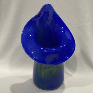 Hand Blown Glass Vase Bright Blue Glass with Chartruese, Green and Lavender Highlights.