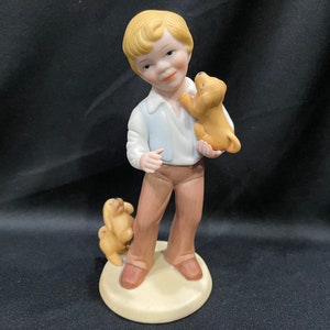 Avon Figurine, Little Boy with Puppies, Best Friends, A Boy and His Dog Figurine