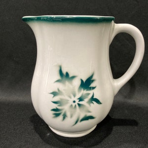 Arabia of Finland Pottery, Small Milk Pitcher with Green Edge and Stenciled Leaves