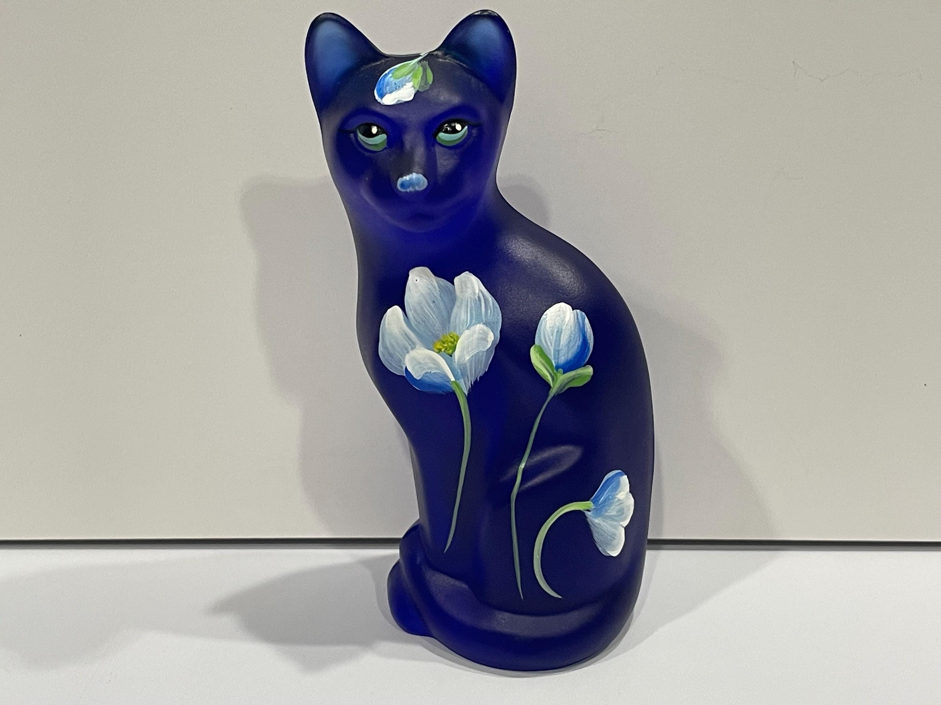 Fenton Cobalt Satin Glass Cat Figurine, Hand Painted Flowers - Etsy