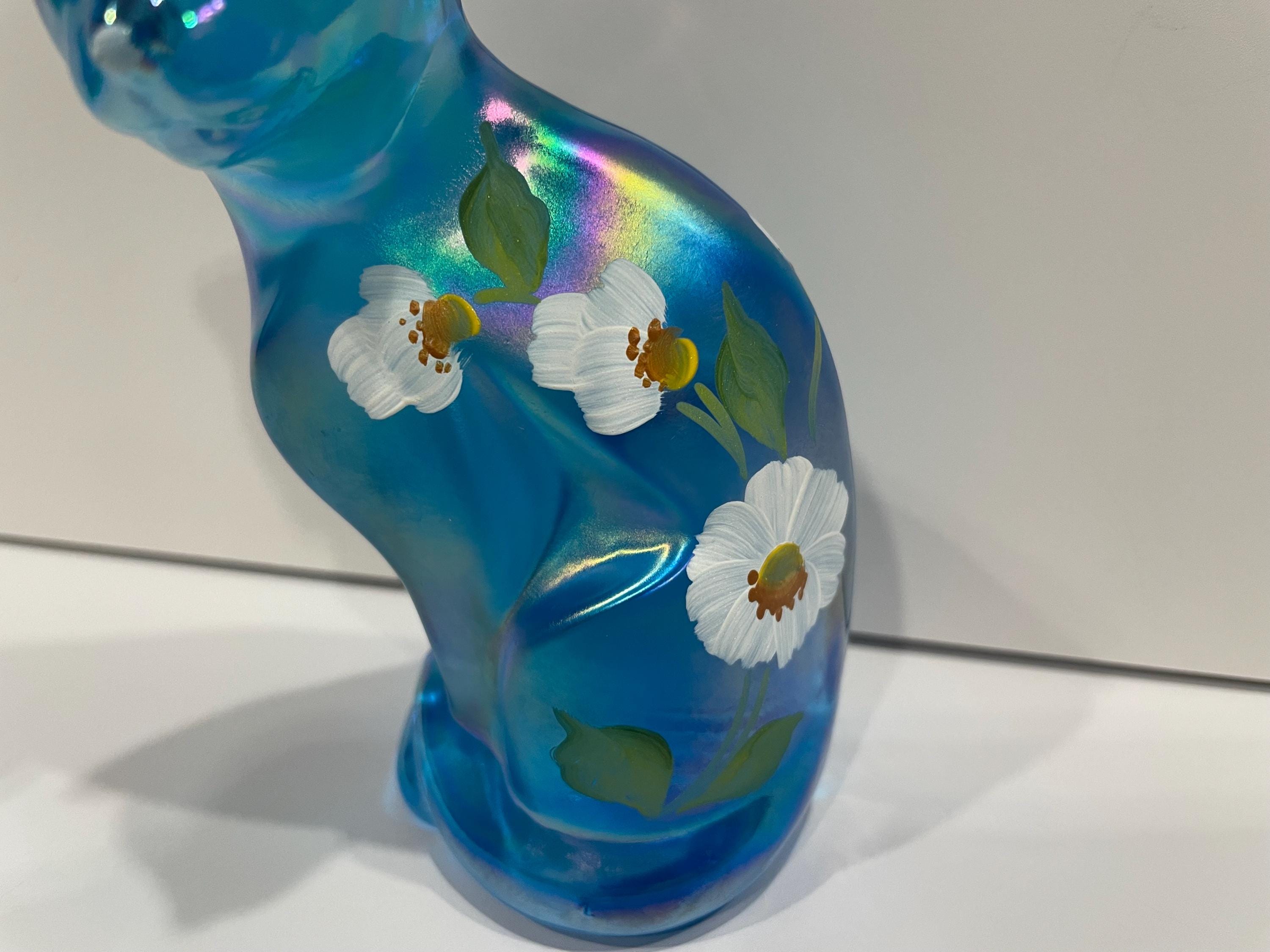 Fenton Carnival Glass Cat Figurine, Stylized Blue With Flowers - Etsy