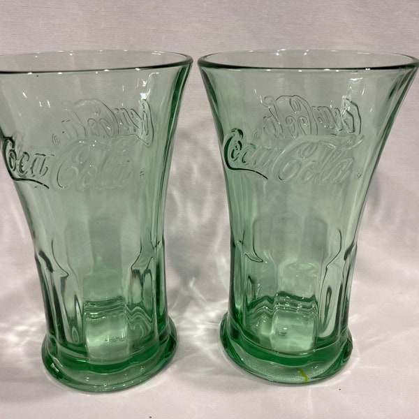 Coke Cola Glasses. Libbey Glass Company, Coke Bottle Green, Flared Bottom, 16 oz- Set of 2