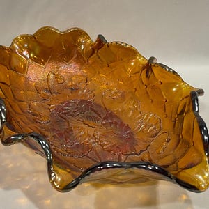 Imperial Glass Company, Marigold Carnival Glass Candy Dish, Ruffled Candy Dish, Pansy Carnival Glass, Orange Carnival Glass Bowl
