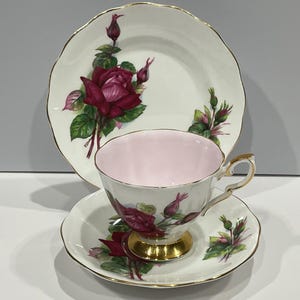 Royal Standard, Henry Wheatcraft Rose, Red Rose Teacup, Saucer and Cake Plate Set, Pink Interior Teacup, Prelude Rose Trio