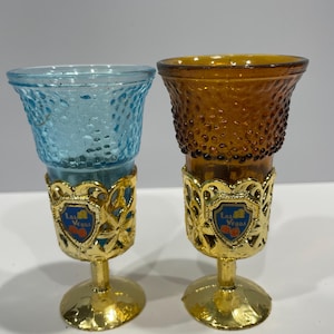 Las Vegas Souvenior Shot  Glasses, Set of Pedestal Shot Glasses, Shot Glasses on Gold Color Pedestal, Blue and Brown Shot Glasses.