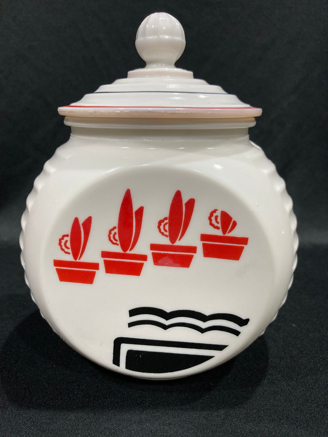 Vintage Fire King Milk Glass Grease Jar red and black motif Etsy