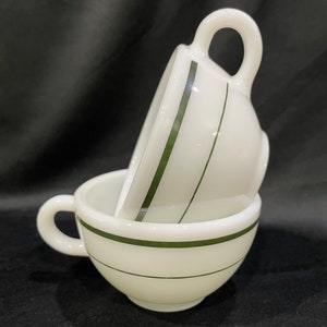 Pyrex Table Ware, 701-34, Milk Glass Coffee Cup  with Double Green Stripe - Set of 2