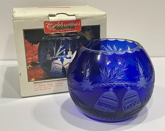 Vintage Cobalt Blue Crystal Votive, Bell Cut Design