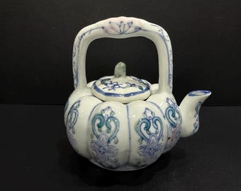 Blue and White Pumpkin Shaped Teapot, One Cup Teapot Tan Chevron Design Teapot