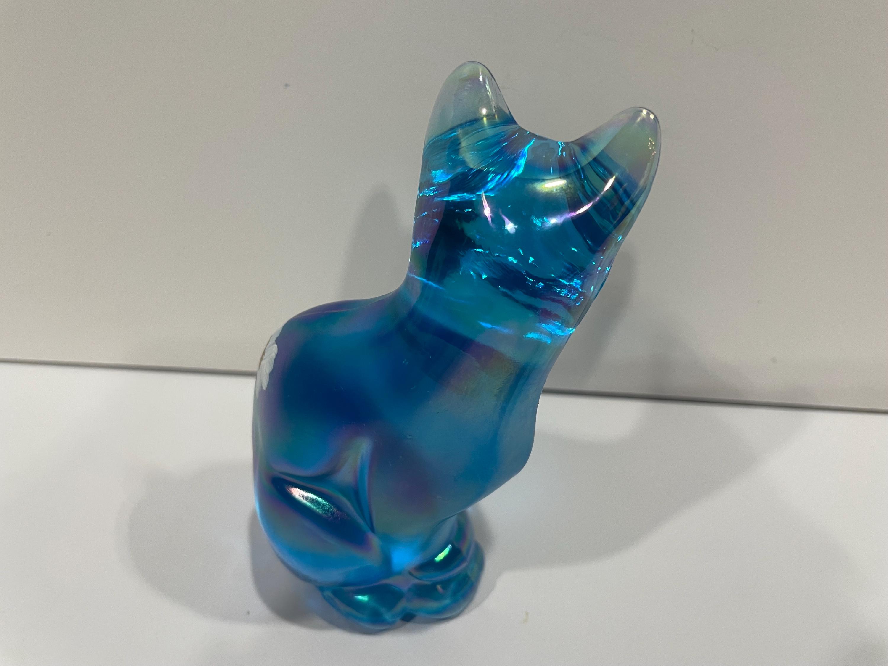 Fenton Carnival Glass Cat Figurine, Stylized Blue With Flowers - Etsy