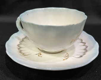 Pastel Blue and White Demitasse Cup and Saucer, Small Teacup Set with Gold Leaf