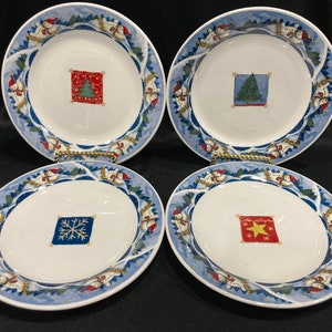 Oneida, Holiday Dining China, Show Valley Pattern, Snowman Sledding, Oneida Holiday Dessert Plates, Salad/Dessert Plate Collection- Set of 4