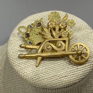 Brushed Goldtone Wheelbarrow with Flowers, Rhinestone Flowers with Gardner Wheelbarrow Pin, Jewelry Her, Gardening Jewelry