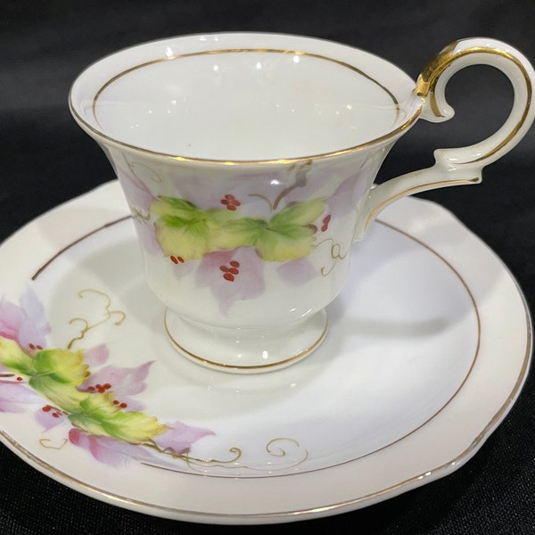 Ucagco China Demitasse Cup and Saucer, Marked Made in Occupied Japan, Floral Cup and Saucerr Trimmed in Gold