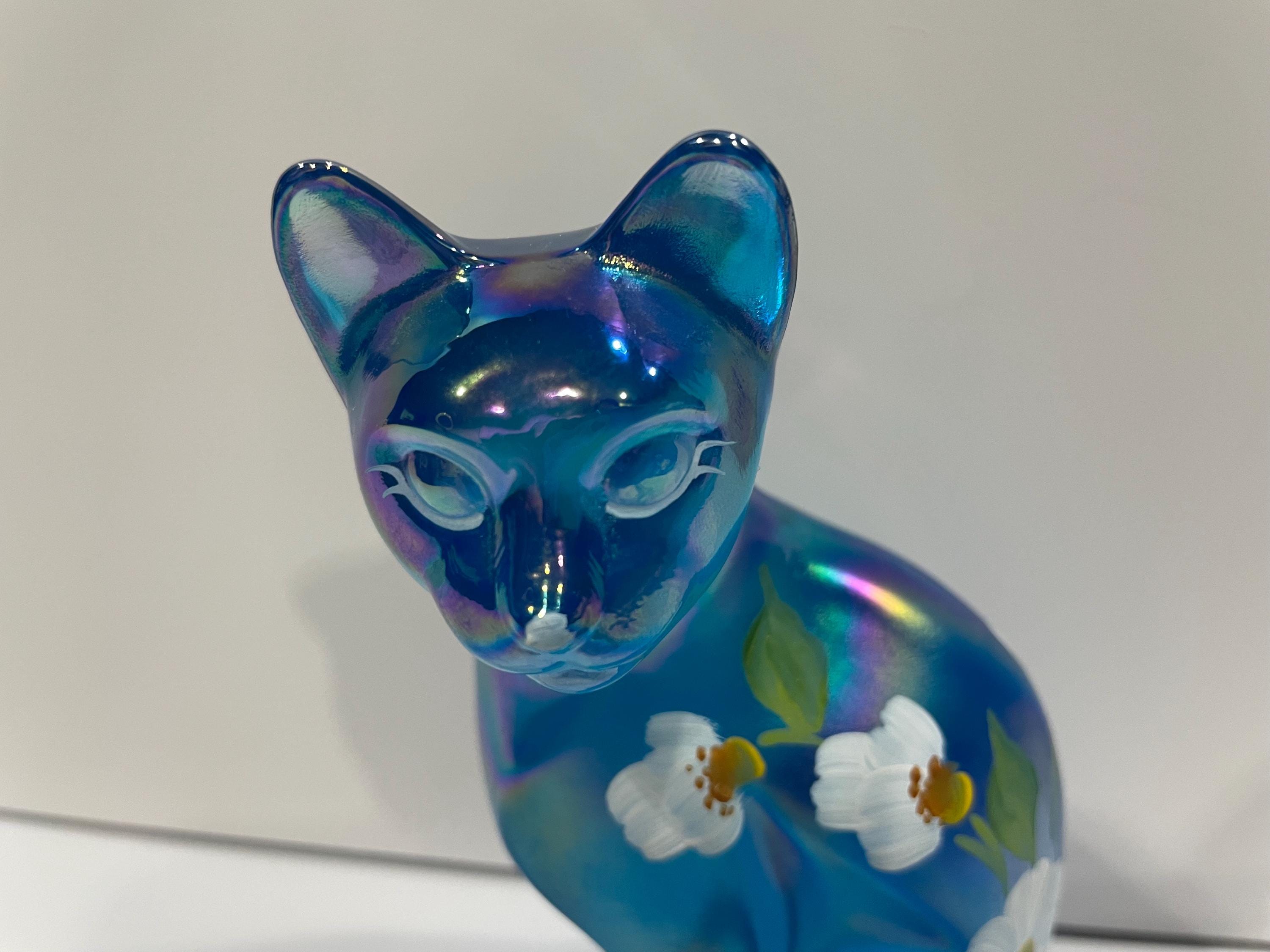Fenton Carnival Glass Cat Figurine, Stylized Blue With Flowers - Etsy