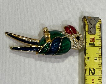 Broche Vintage Perroquet En Relief – Or, émail Prune Et Strass, Parfait état