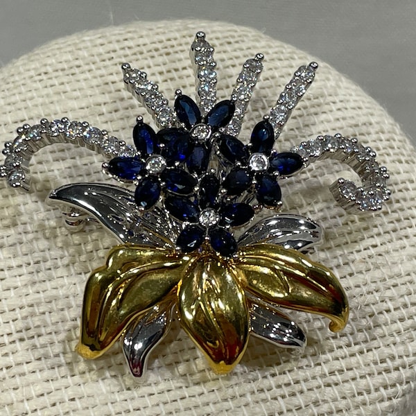 Elizabeth Taylor Collection Two Tone Rhinestone Brooch, Floral Spray Rhinestone Brooch, Blue Flower Pin