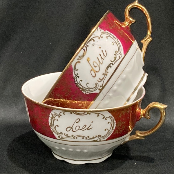 Gareis Waldsassen Bavarian He and She Porcelain Cups, Victorian Style Rose Cups with Gold Gilt Edges and Handle, He and She in Italain Cups