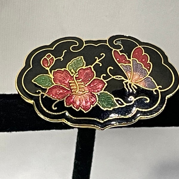 Cloisonne Black  Enamel Scarf Clip with Flower and Butterfly