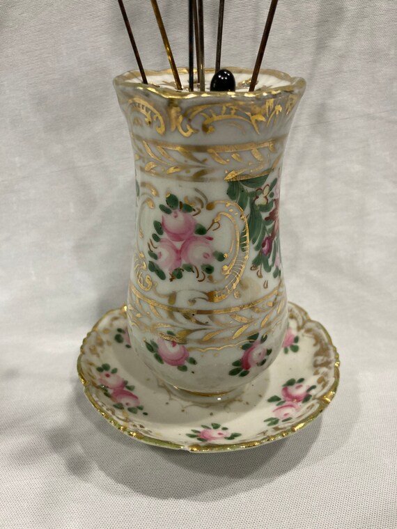 Floral Hat Pin Holder, Gold Trimmed, Includes 9 Ha