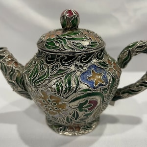 Minature Enamel Cloisonne Teapot, Pink Floral and Green Leaf Tiny Teapot