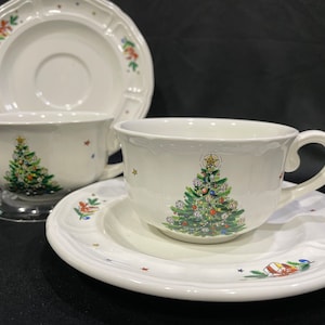 Liberty Hall Ironstone Christmas Cup and Saucer, Holiday Cup and Saucer - Set of 2