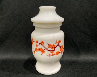 Ariel Opaline Milk Glass Mustard Jar, Cherry Blossom, Apacathy Jar, Made in Belgium