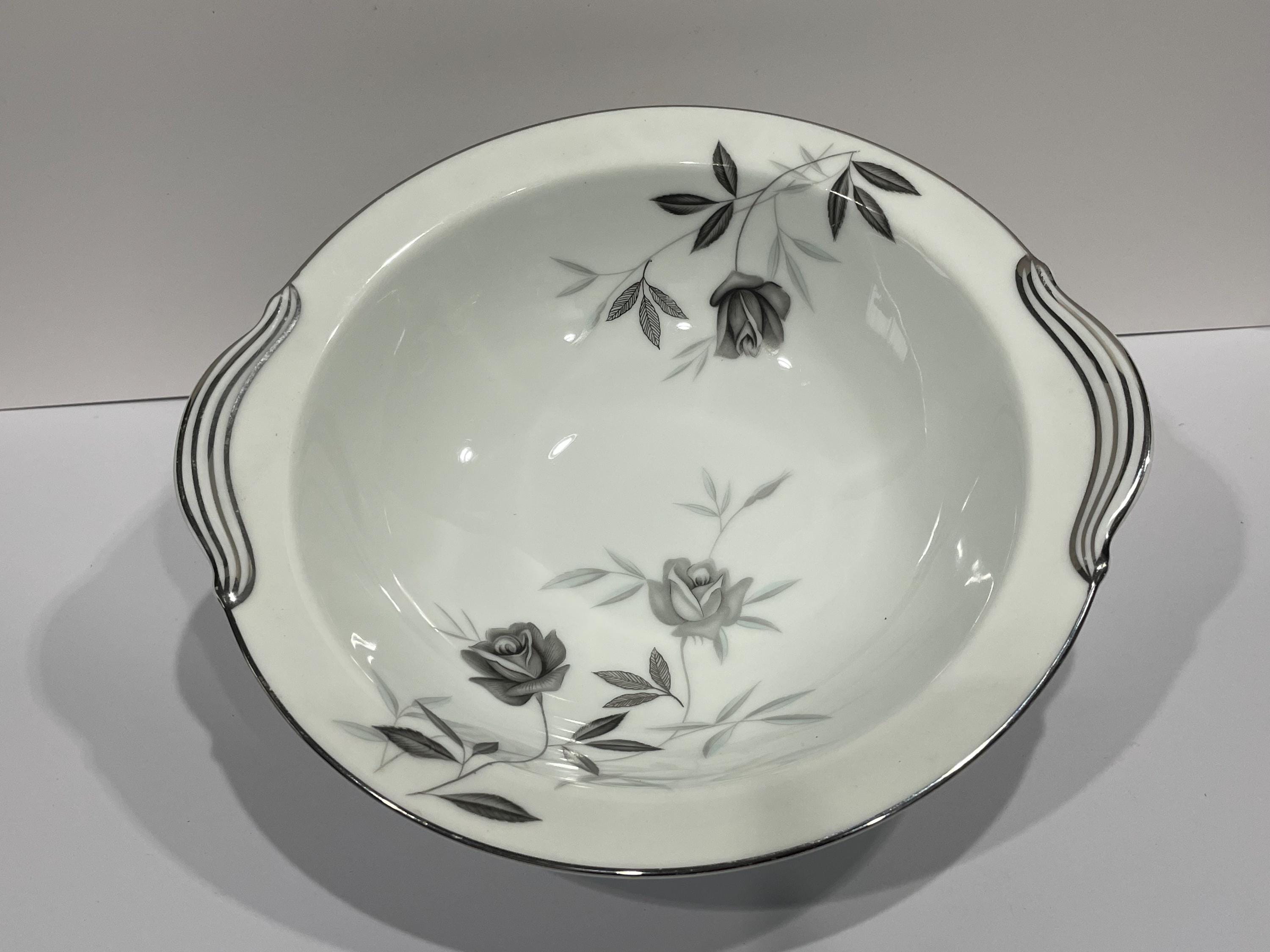 Noritake, Rosamor 5851, Round Vegetable Bowl, Silver Trimmed White