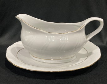 DC Jamestown China, Made in Poland, Allegro, Gold Trim, Gravy Boat with Underplate