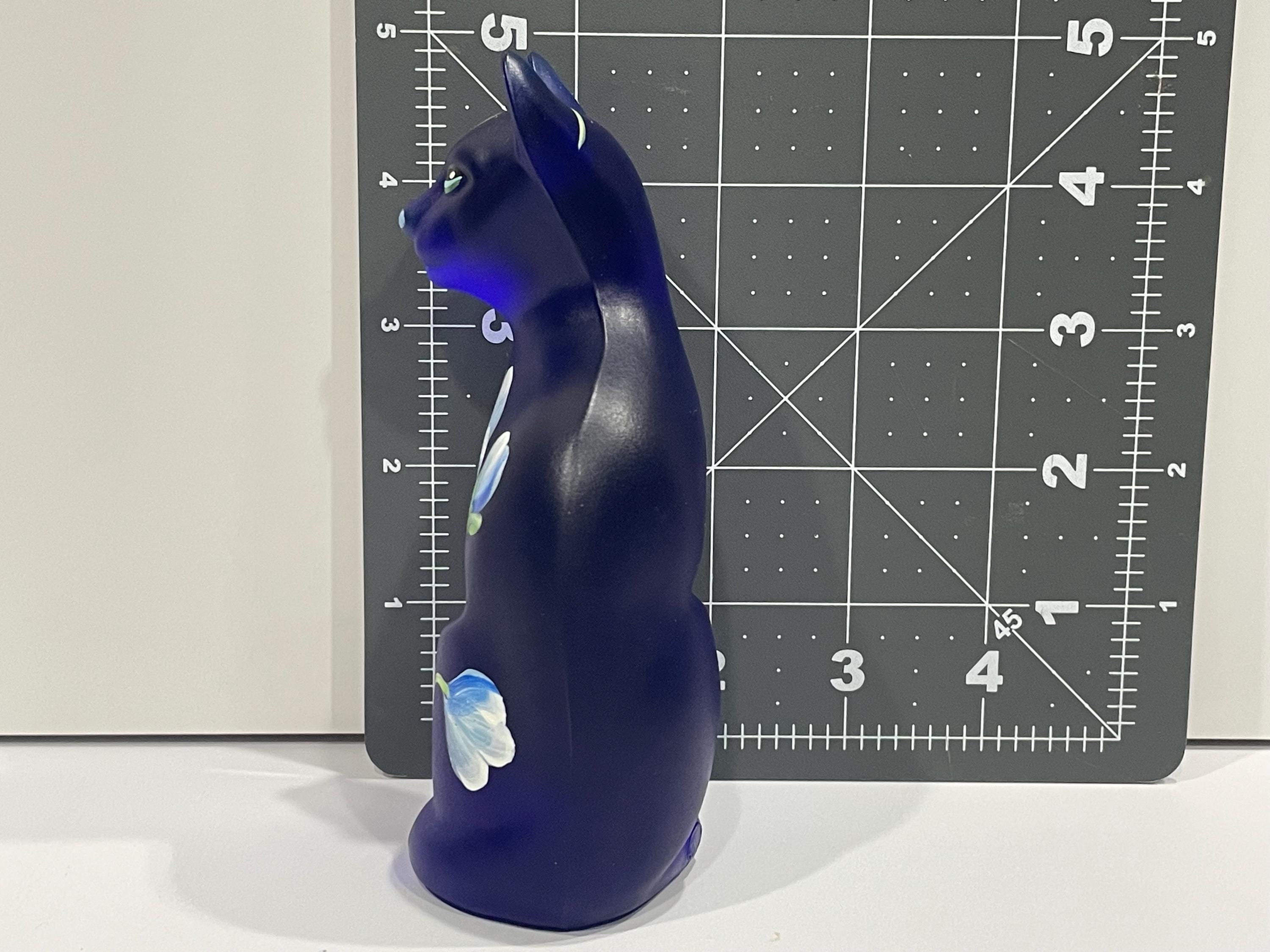Fenton Cobalt Satin Glass Cat Figurine, Hand Painted Flowers - Etsy