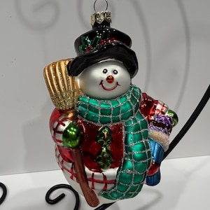 Snowman Blown Glass Christmas Ornament, Glass Snowman Ornament in Top Hat with Broom and Stocking