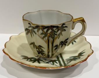 Demitasse Cup and Saucer with Bamboo Accents and Scalloped Edges on the Cup and Saucer