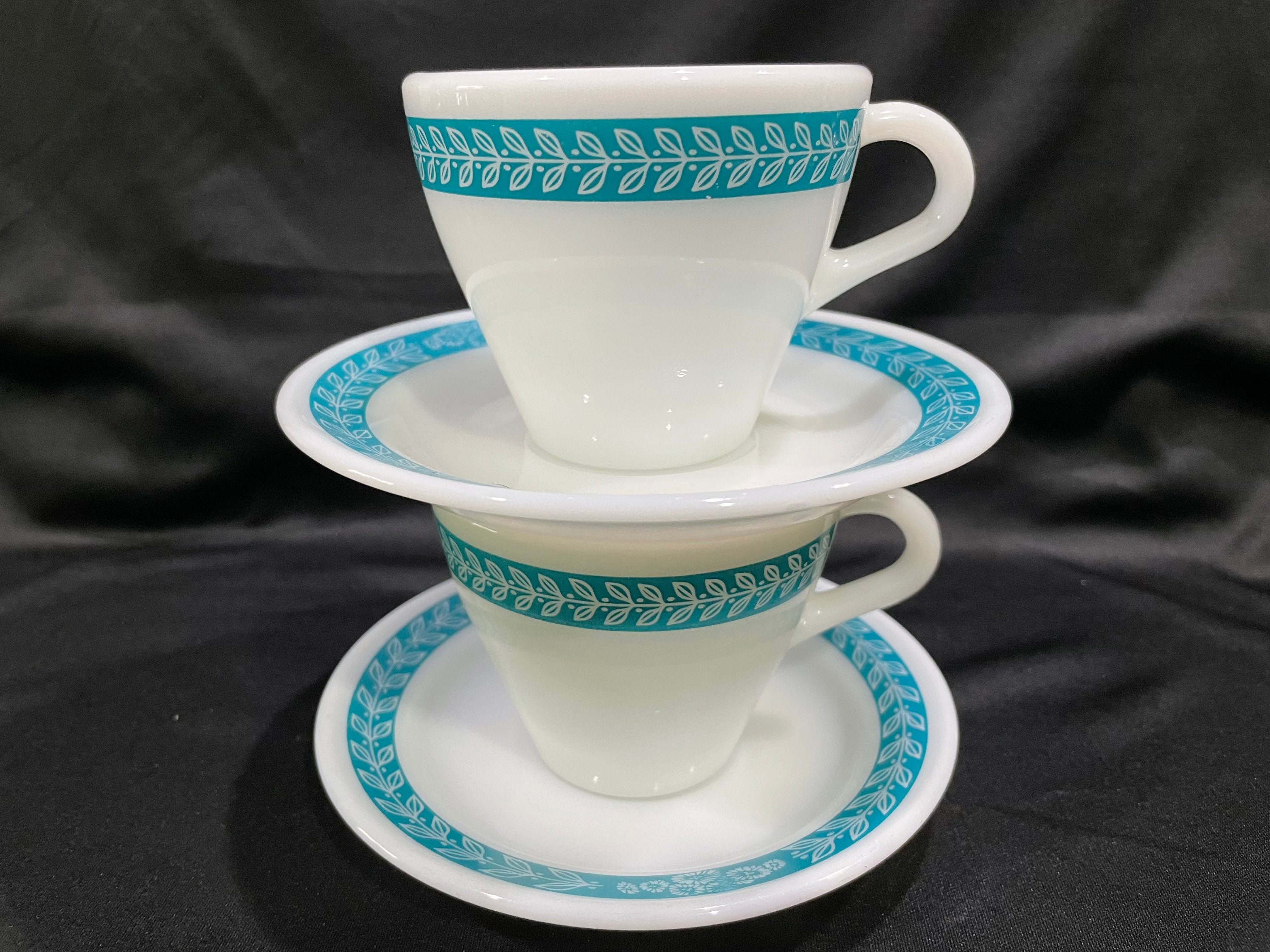 Pyrex, Teal Laurel, Resturantware, Milk Glass, Cup and Saucer - 2 Sets ...